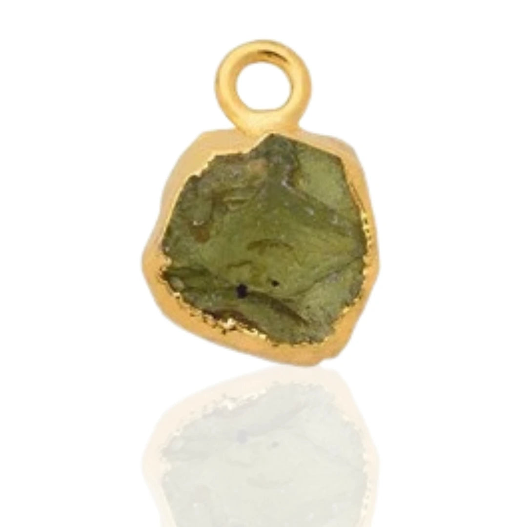 Raw Peridot Pendant - Natural August Birthstone Electroplated with 18ct Gold, a reflection and neutral white background
