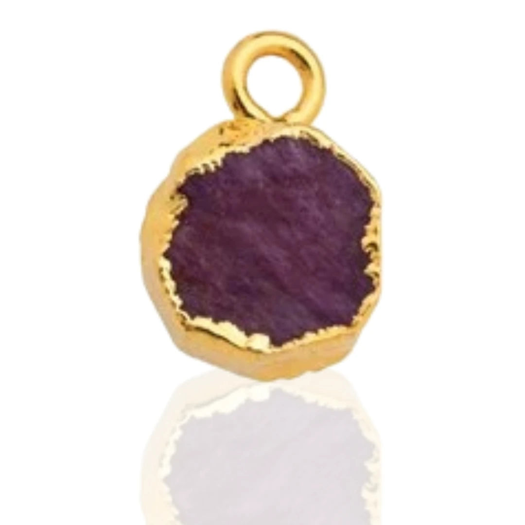 Raw Ruby Pendant - Natural July Birthstone Electroplated with 18ct Gold, stone reflection seen and neutral white background